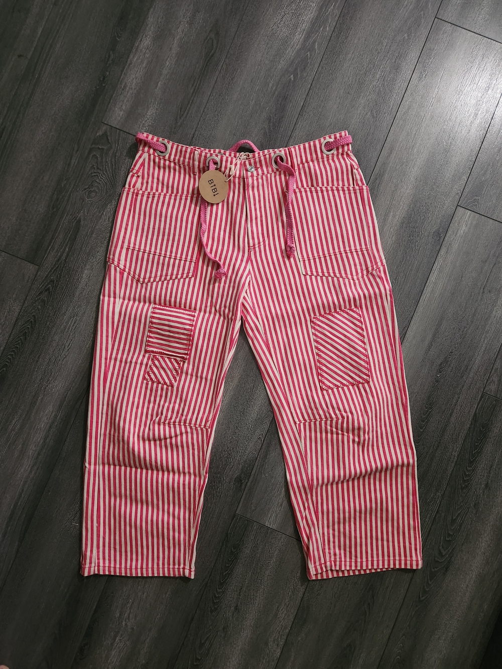 BiBi NWT Pink & White Striped Drawstring Button Fly Cargo Pants